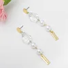 Korea New Design Delicate Long Double Pearl Drop Earrings Gold Plated Rectangle Pendant Pearl Earrings for Elegant Girls