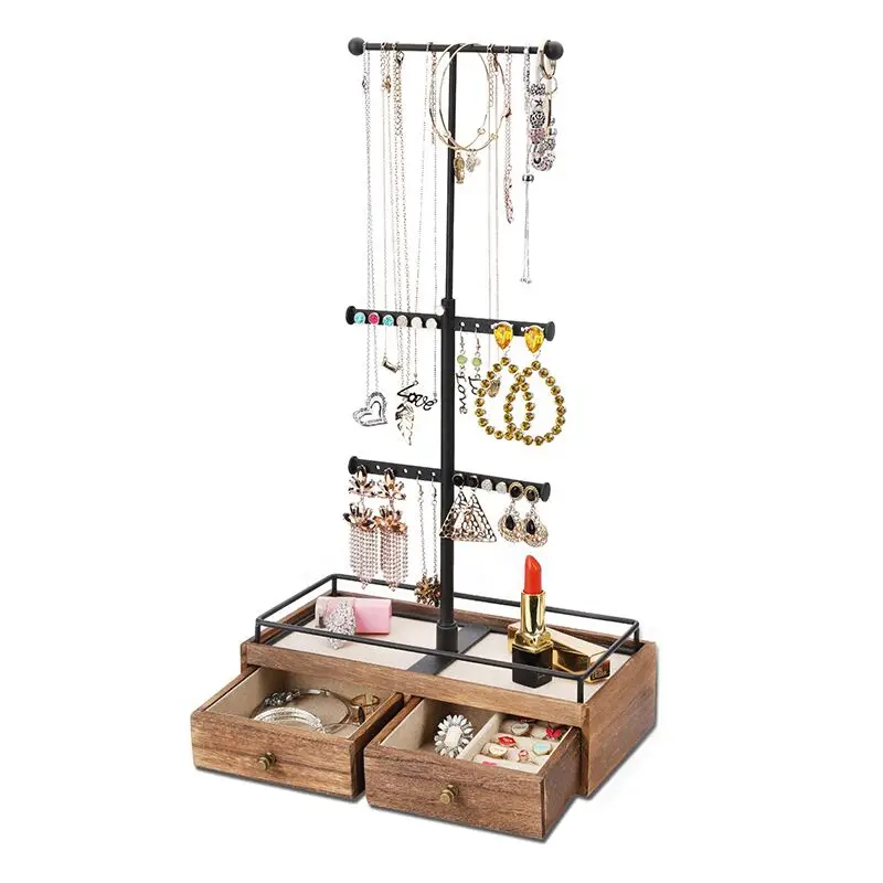 Jewelry Organizer Tower Rack Metal & Wood Basic Storage Box 3 Tier