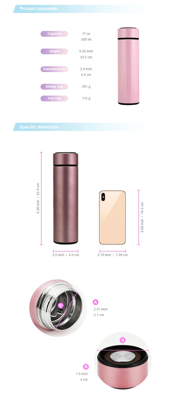 LED smart stainless steel water bottle 500ml/17oz  with LED lid vacuum insulated temperature display