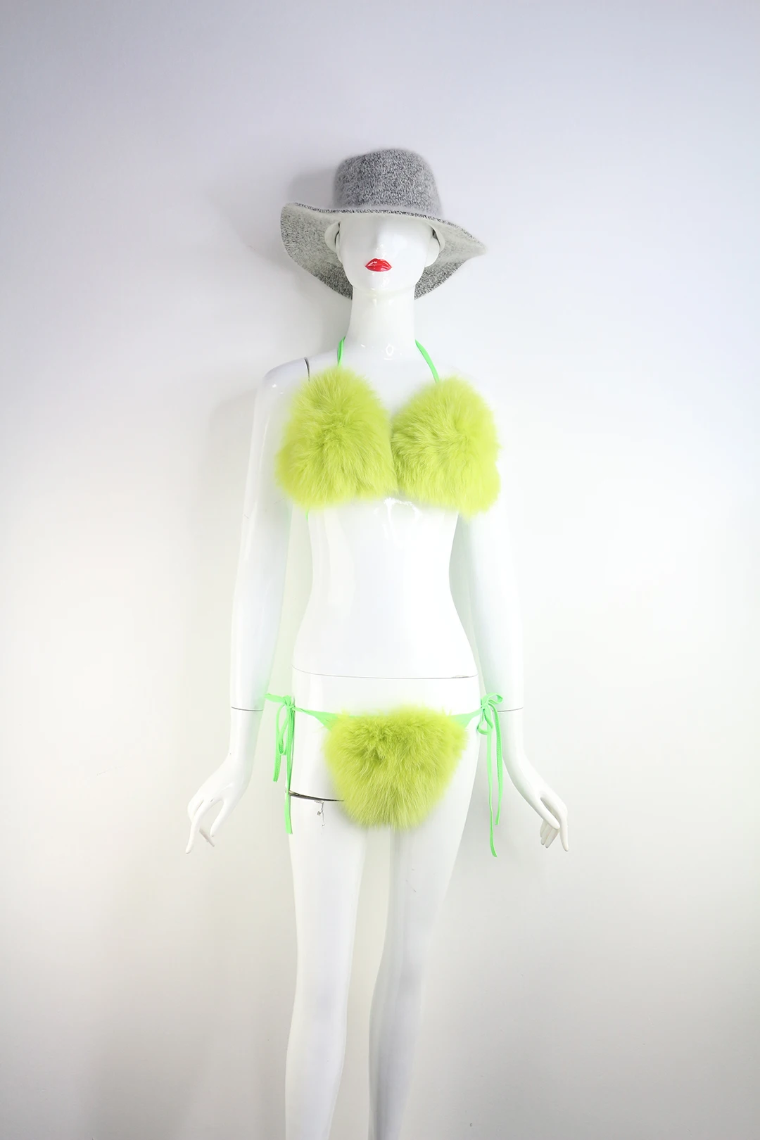 Sexy Women Swimsuit Real Fox Fur Reflective Bikini Fur Bra Lady Bathing 