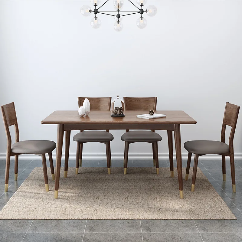 product-Morden design customOEM natural solid wooden square walnut color dining table with brass fee-1