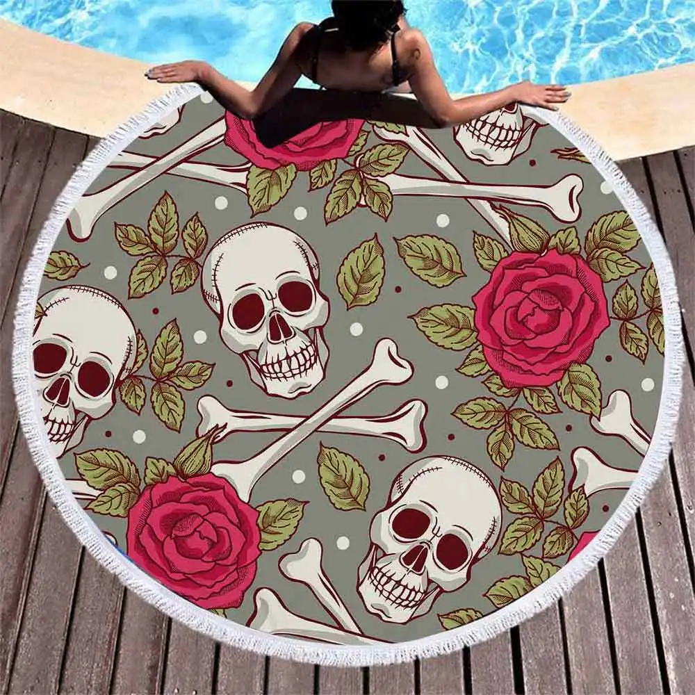 Rose Skull Round Beach Towel 