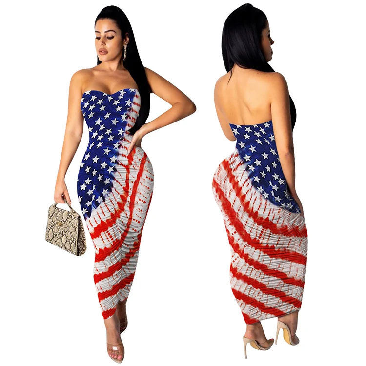 In Stock Women Sexy Off Shoulder American Flag Print Ruched Dress ...