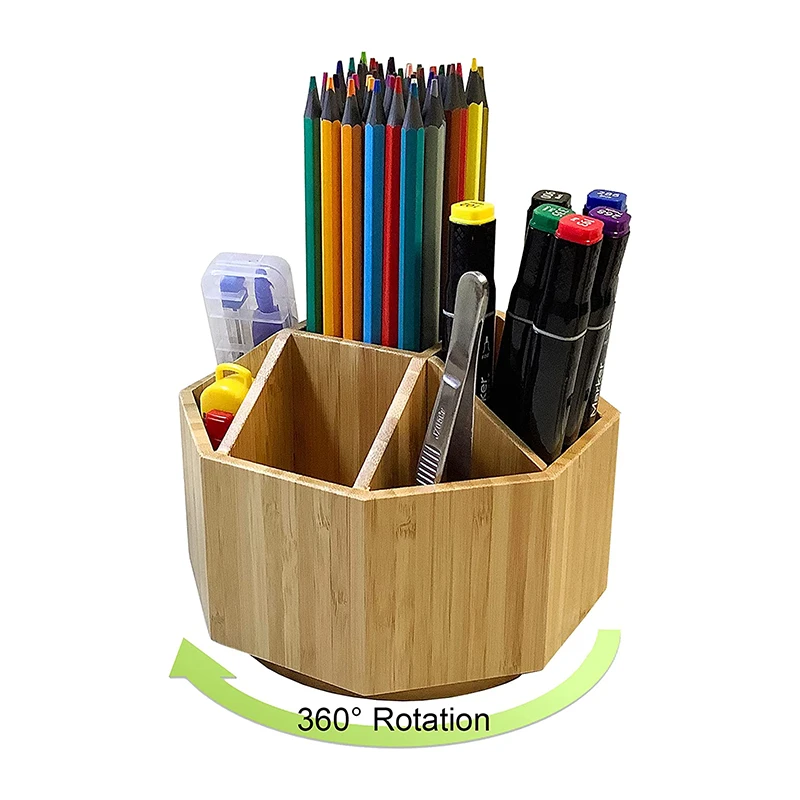 Bamboo Rotating Pen Holder Organizer Desktop Pen Holder Desktop Wooden