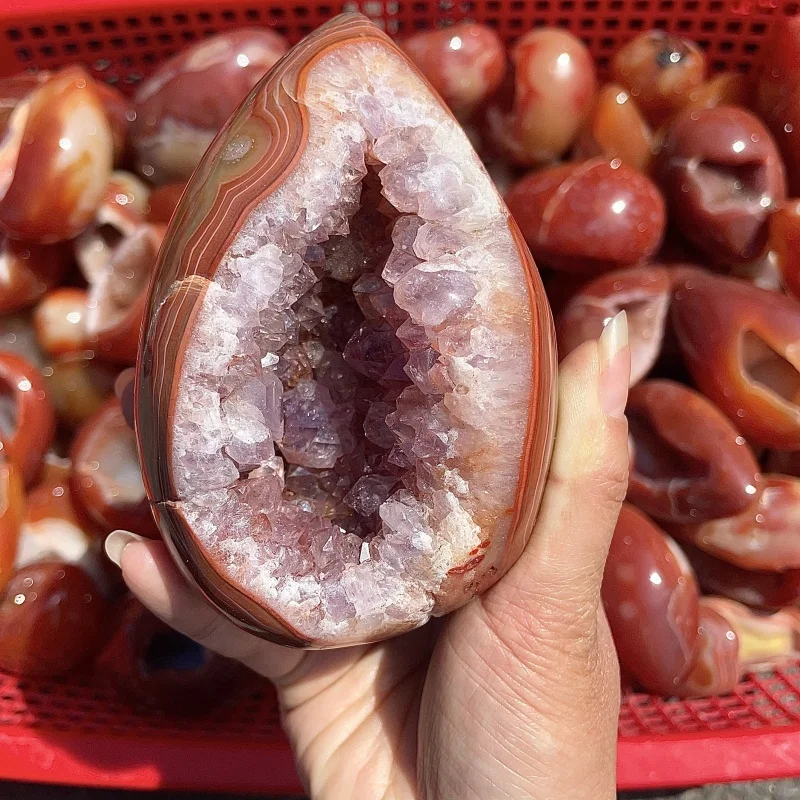 Wholesale Natural Red Agate Egg Druzy Carved Crystal Craft Geode