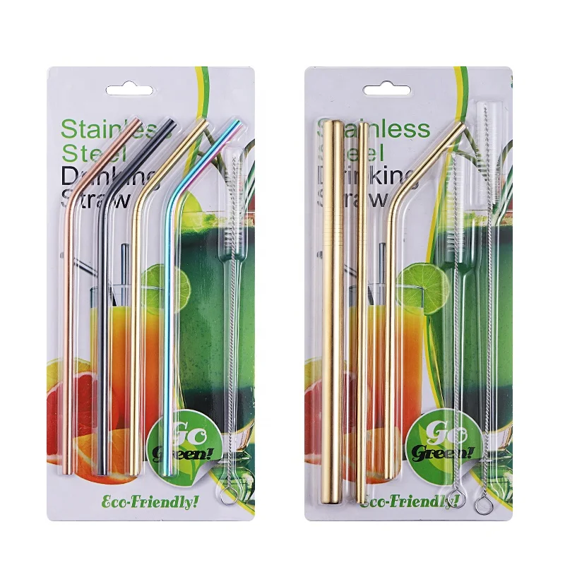 
Eco-friendly reusable metal drinking straw stainless steel straw set with brush in blister card packing 