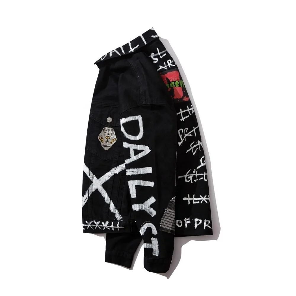 Men Black Denim Jacket Ripped Men's Jean Jacket Coat Oem Service Hip Hop Plus Size Jackets Print