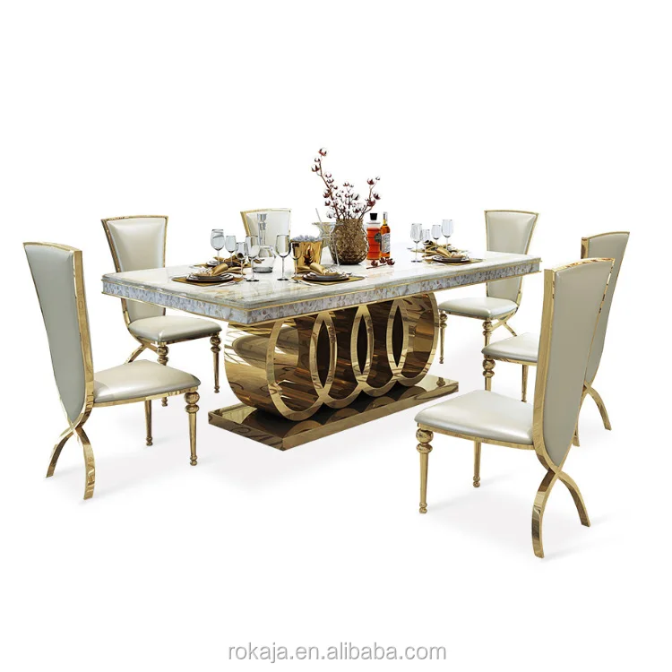 Luxury Italian New Design 6 8 Seater Marble Top Stainless Steel Gold