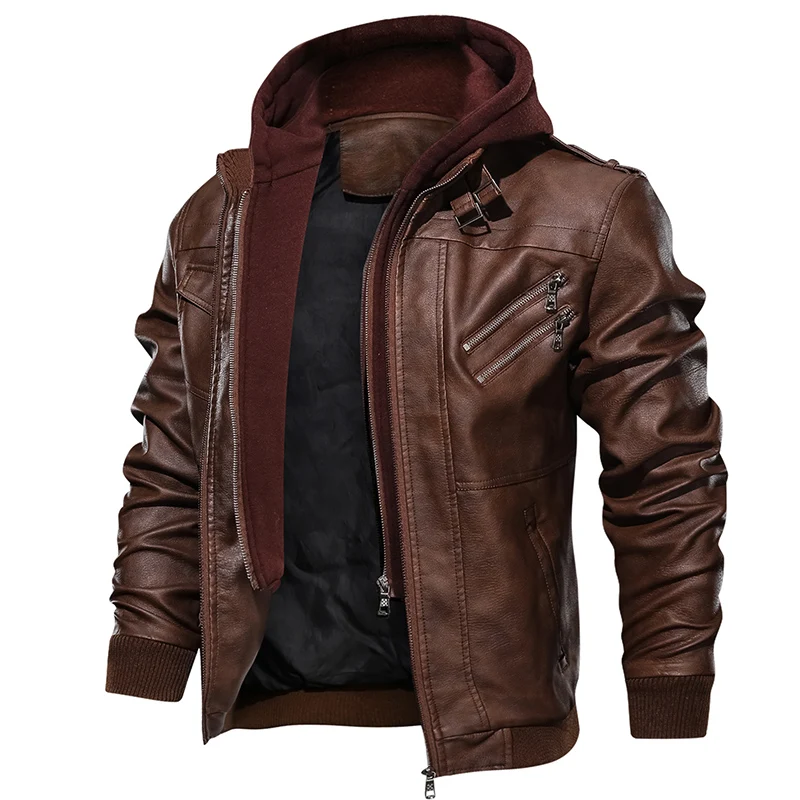 
Zipper Brown Leather Jacket Male Wholesale Latest Design Hooded Motorcycle Bomber Leather Jacket 