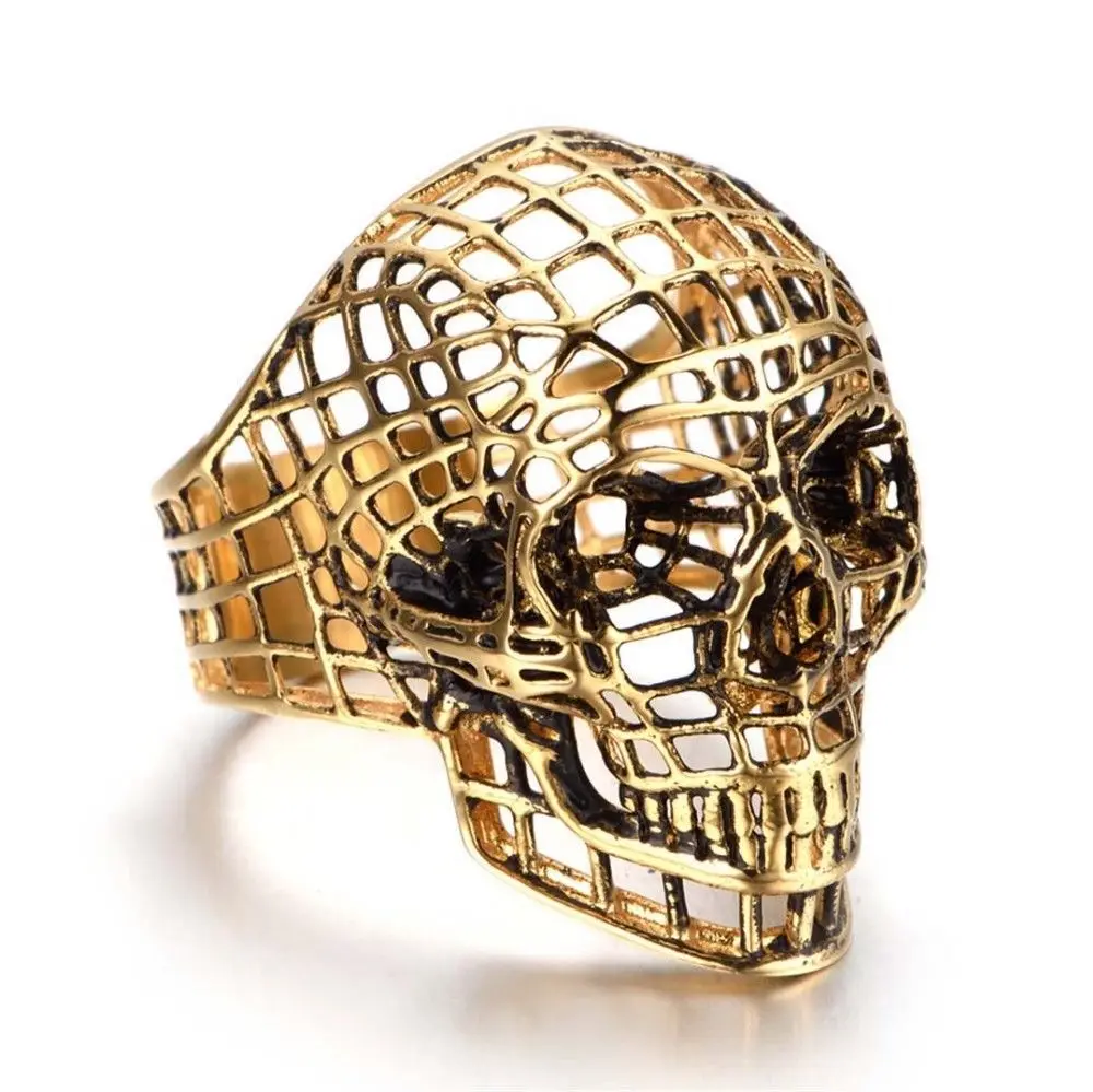 Retro male explosion models stainless steel titanium steel punk hollow grid ghost head jewelry skull ring