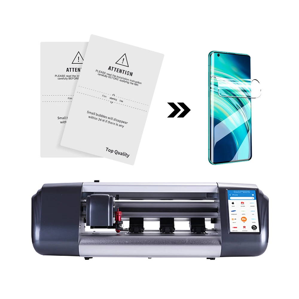 TUOLI TL-168 screen protector cutting machine with touchscreen interface and film loaded on cutting mat