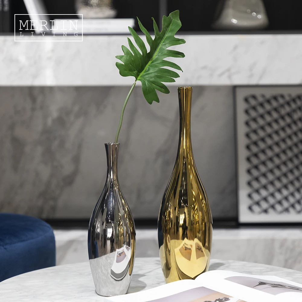 Glitter Mirrored Silver Gold Vase For Home Decor Modern Luxury Ceramic
