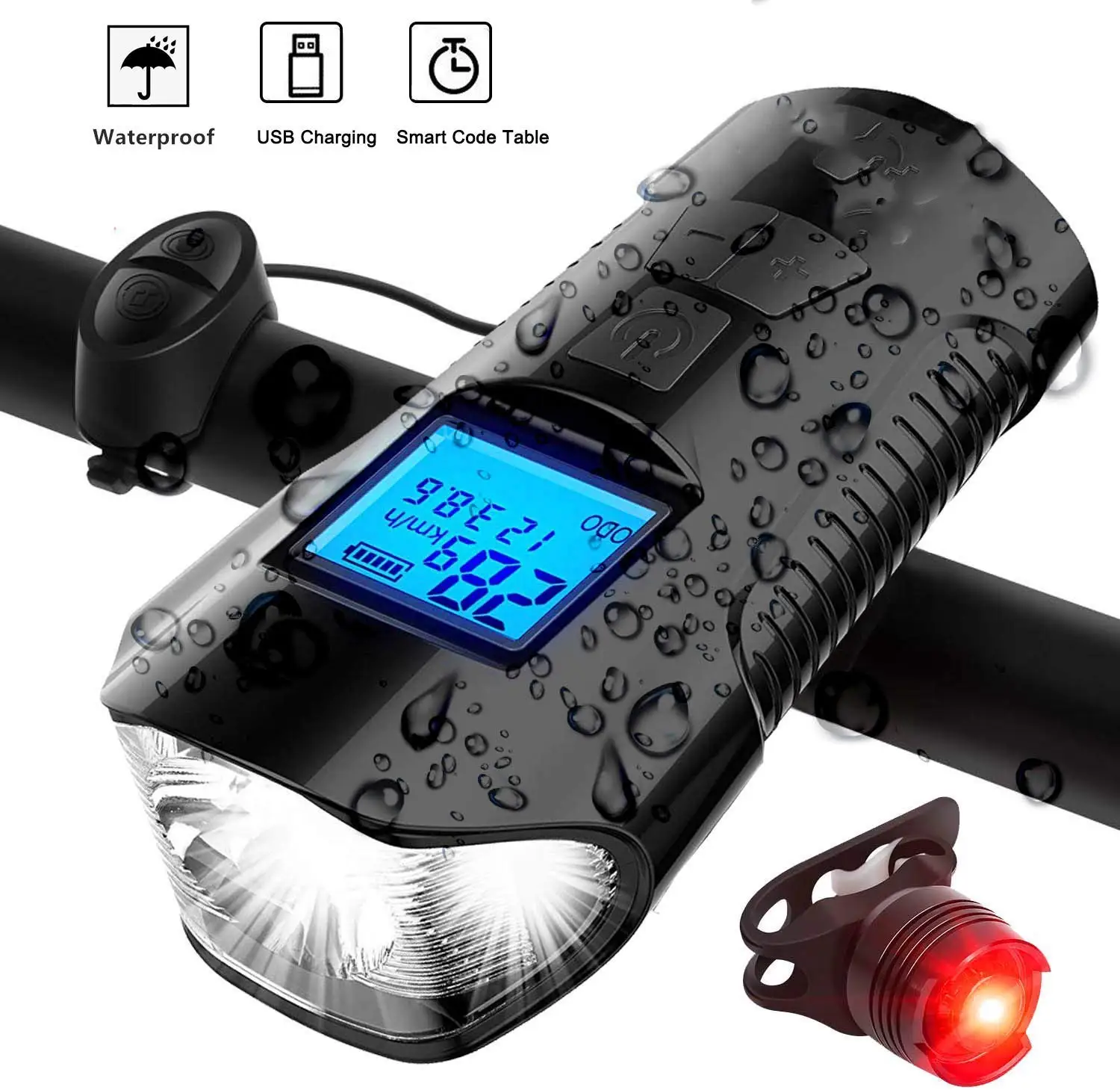 USB Charge Bicycle Speedometer LED Light Cycling Headlight Horn Front Tail Light 