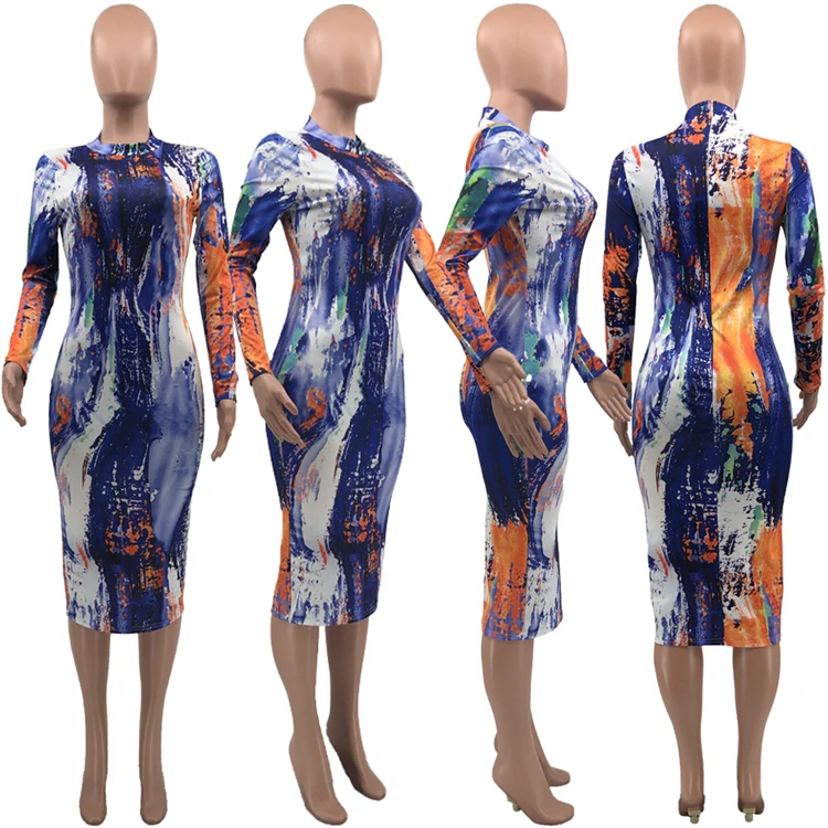 Latest Design Autumn Casual Dress 2021 Fashion Tie Dye Round Collar  Women Dresses Ladies Bodycon Dress