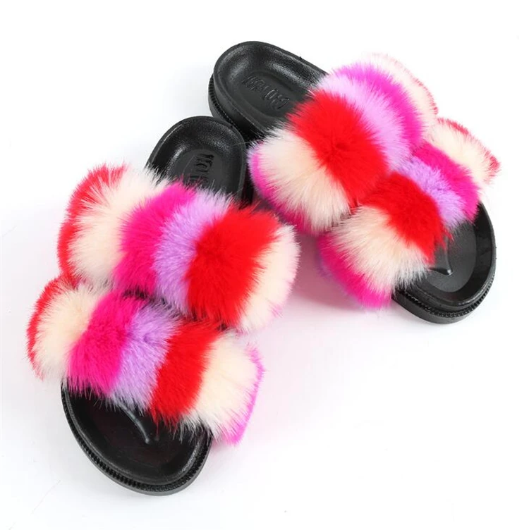multi fur fox slippers wholesale slides strap double faux raccoon luxury sandals