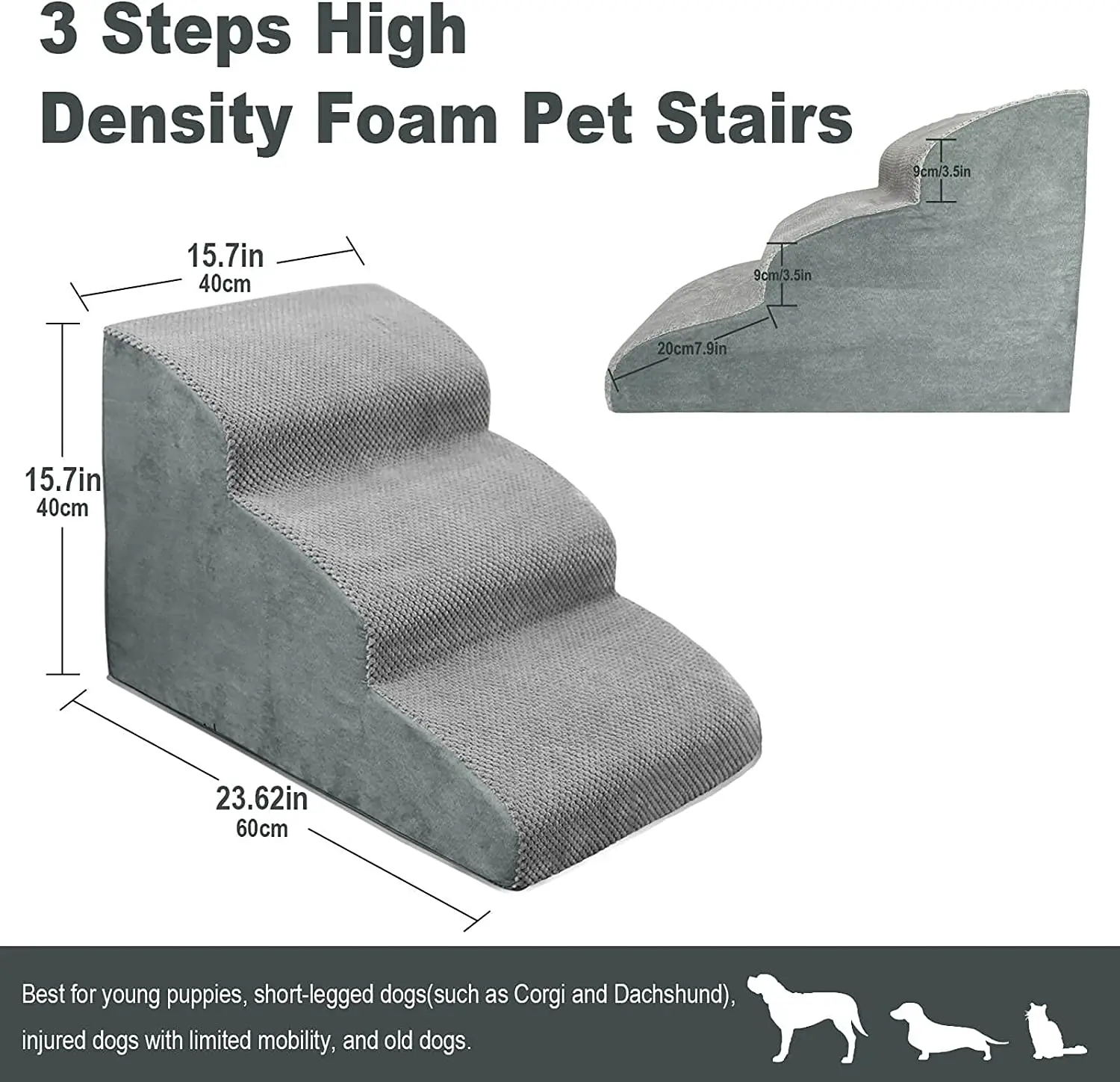 3 Steps Pet Stairs With Certified High Density 30d Foam For Dogs And