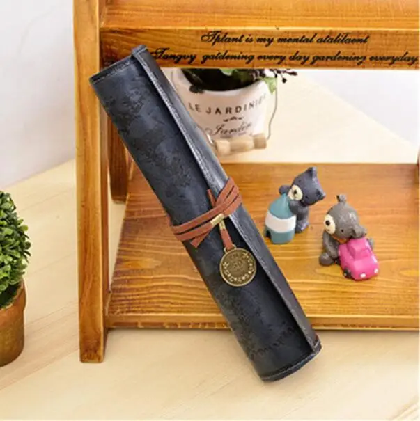 Hot Vintage PU Leather Cosmetic Bag Luxury Treasure Map Pencil Cases Roll Pen Bag Pouch