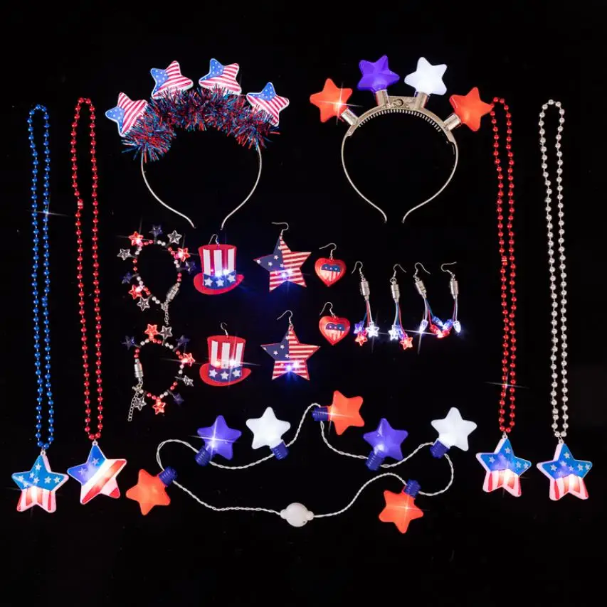 4th Of July Light Up Necklaces Red White Blue American Flag Stars ...