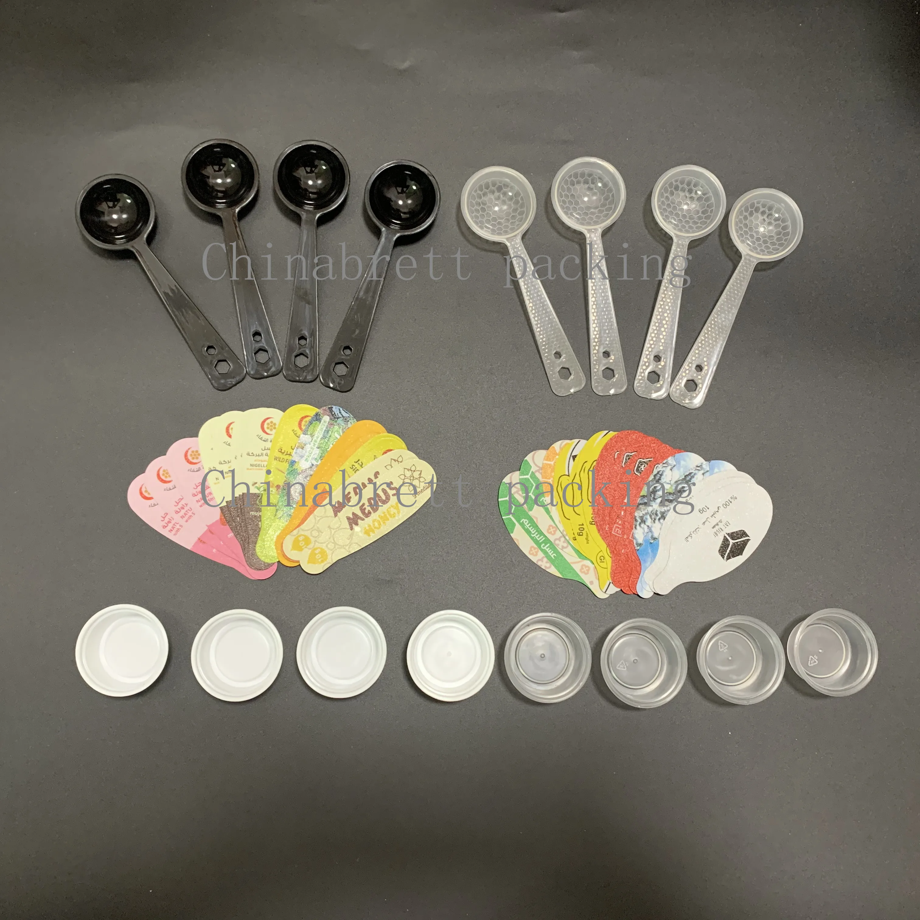 Popular 10g plastic cup transparent honey spoon with foil film and wrappers