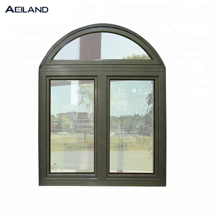 Aluminium wooden color top arched casement windows good quality with tempered glass