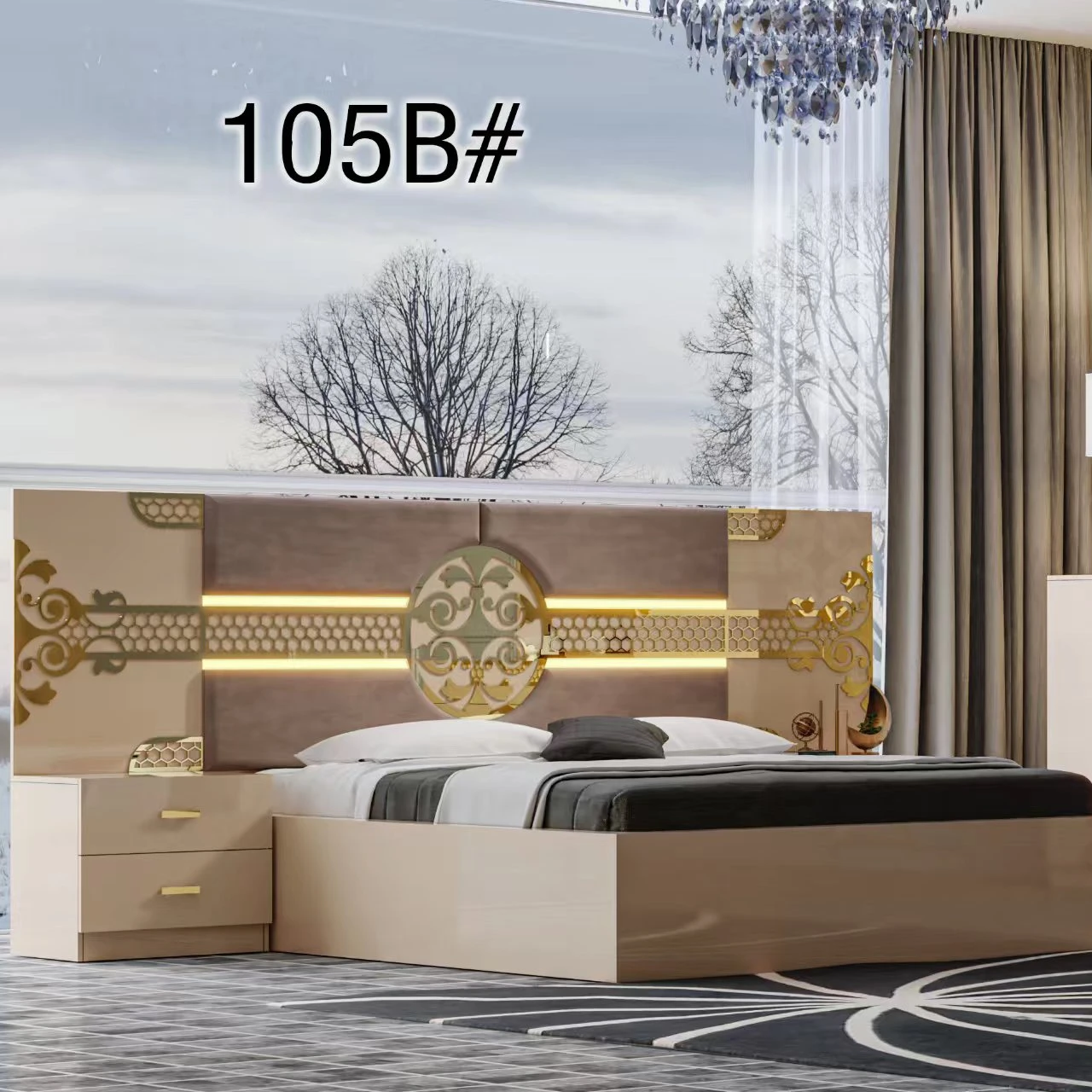 Modern Storage Wood Building Style Furniture Leather King Size Bed Gold