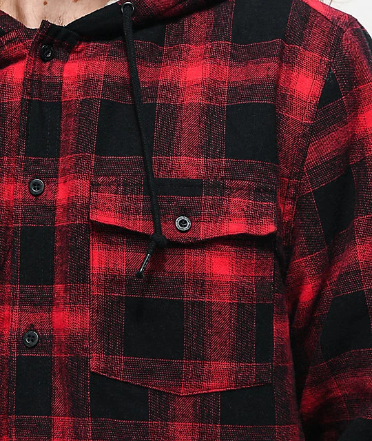 red hooded flannel shirt