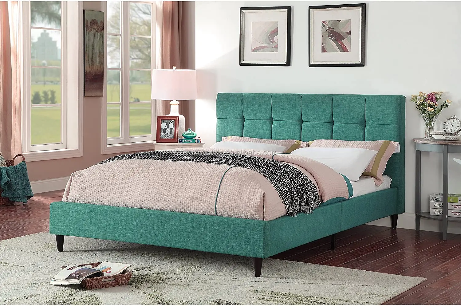 Modern Platform Bedframe With Wooden Slats,King Size,With Square ...