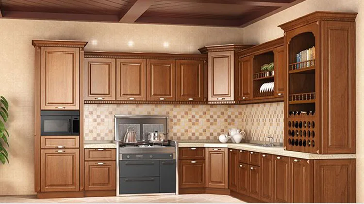 Plywood Carcass Solid Wood Door Walnut Color Kitchen Cabinet