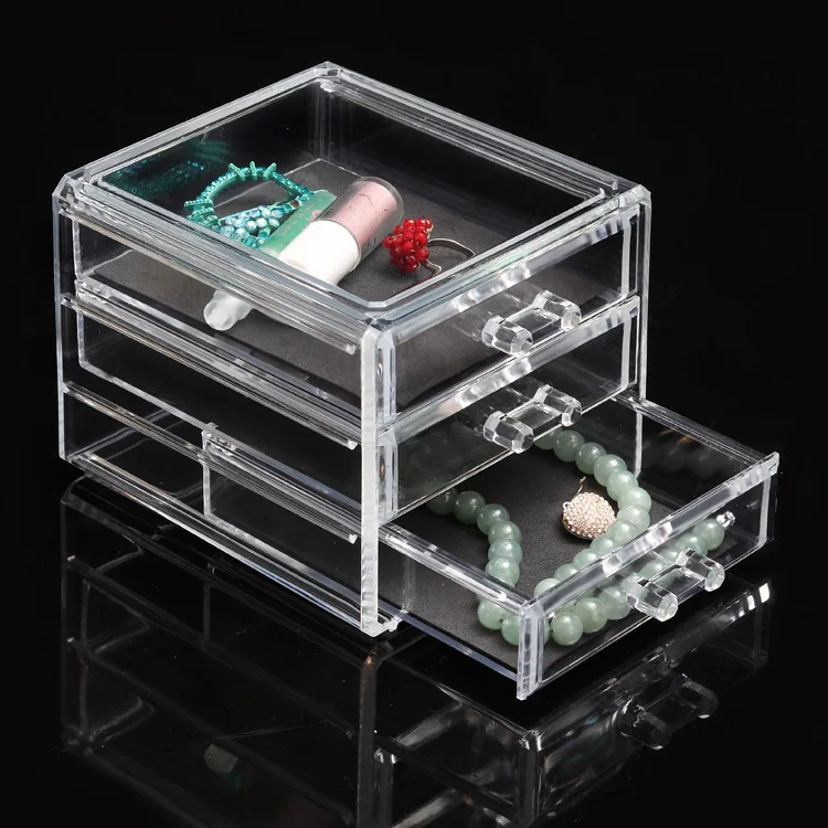 plastic bamboo shell  3 layer make up organizer for jewelry with drawers