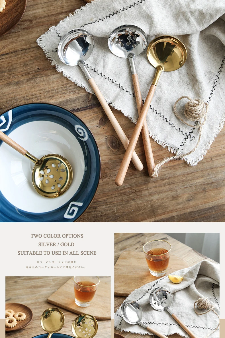 Korean Cooking utensils Wooden Handle Stainless Steel Soup Spoon and