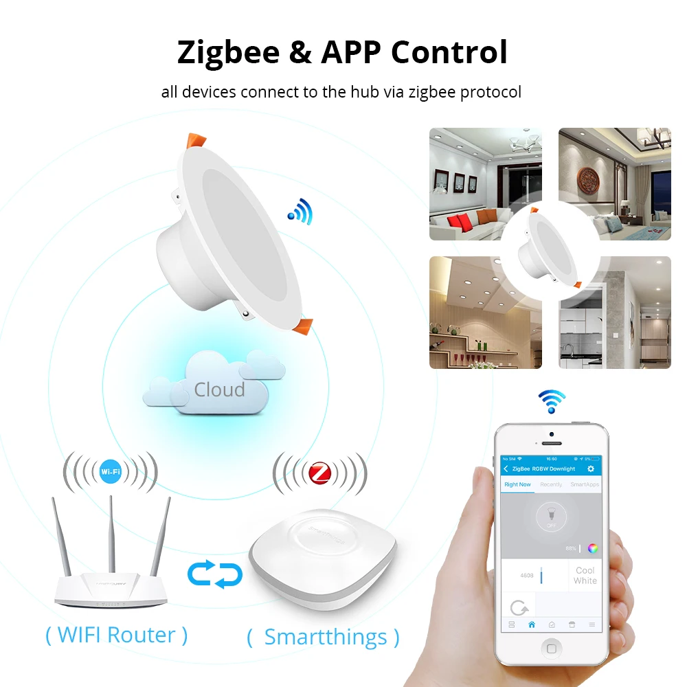 Benexmart 4 Inch 15W tuya ZigBee 3.0 Downlight Kit Smart RGBW Led Recessed Ceiling Light Work with Smartthings Echo Smart Lights - ANKUX.COM