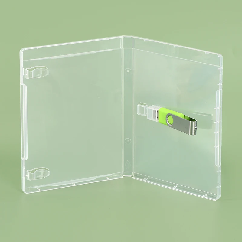 Transparent PC plastic USB flash drive empty cases stacked in grid formation showing clarity and uniform lid alignment