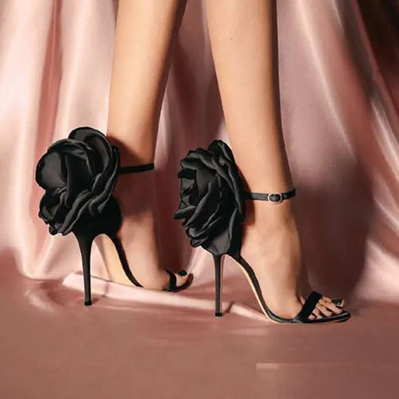 Trendy Black Rose Flower Women's Sandals Thin High-heeled Shoes Buckle Gladiator Fashion Pumps Party Nightclub Shoes - Buy Heel Women Boots Middle Heel Clear Heels Sneakers Heels Ladies Women Fashion