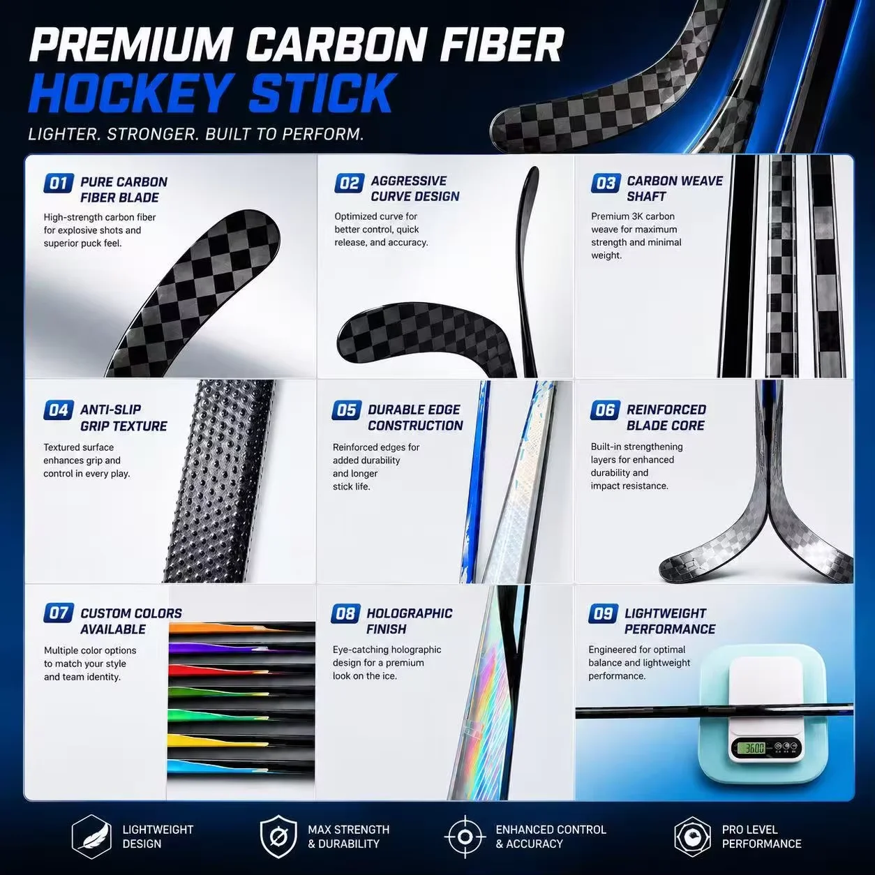Professional 3K Carbon Fiber Ice Hockey Stick Reinforced Shaft Senior Youth Pro Stock Composite Training Equipment