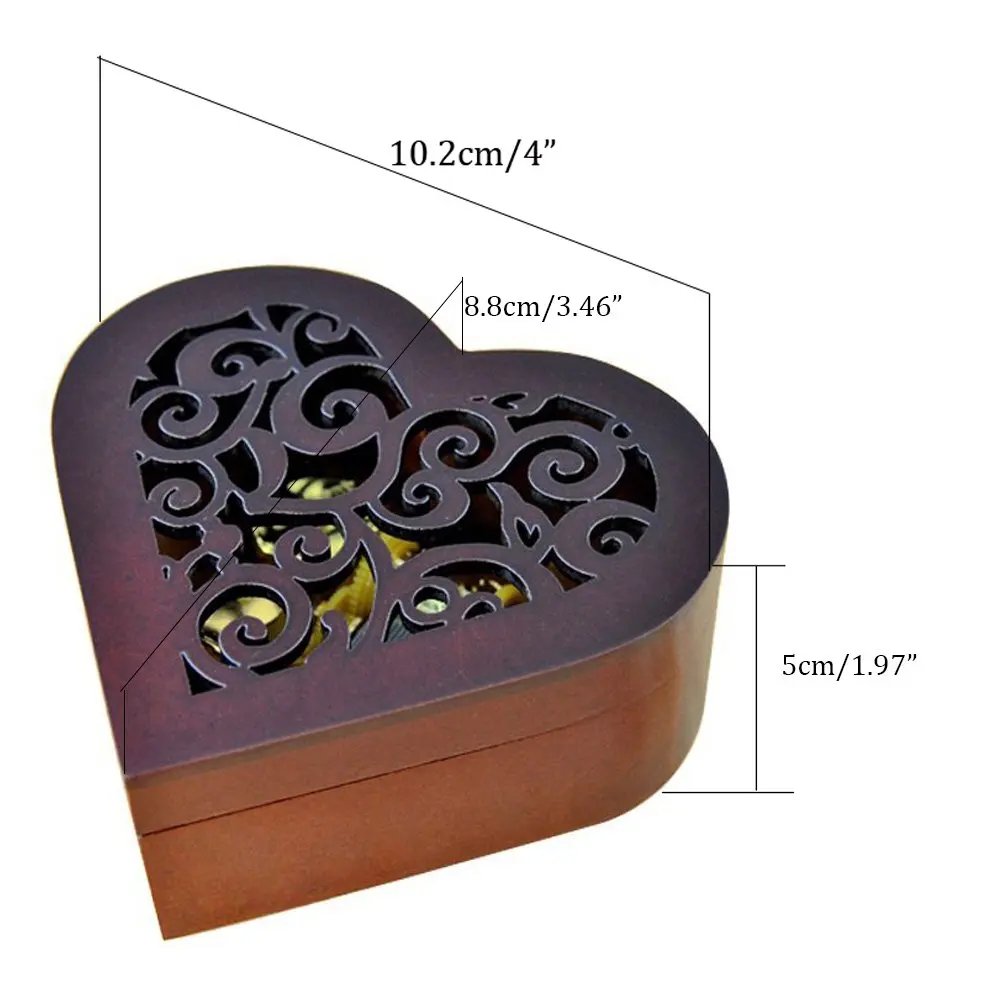 Heart Shape Wood Carved Mechanism Wind Up Musical Box Gift Vintage Music Box