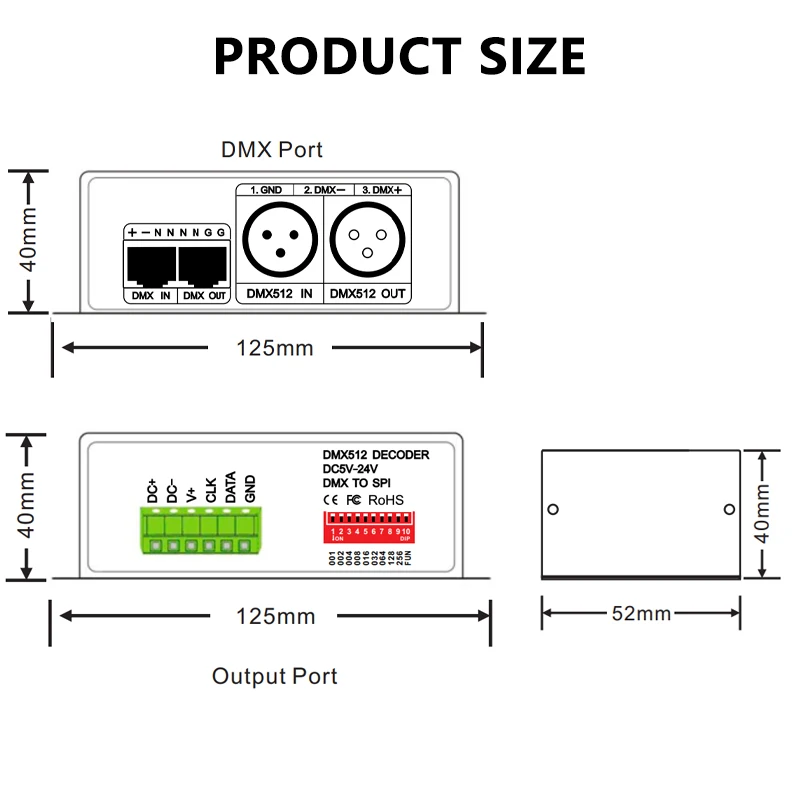 3CH DC5-24V DMX512 Signal Decoder XLR-3 RJ45 Port DMX512/1990 to SPI ...