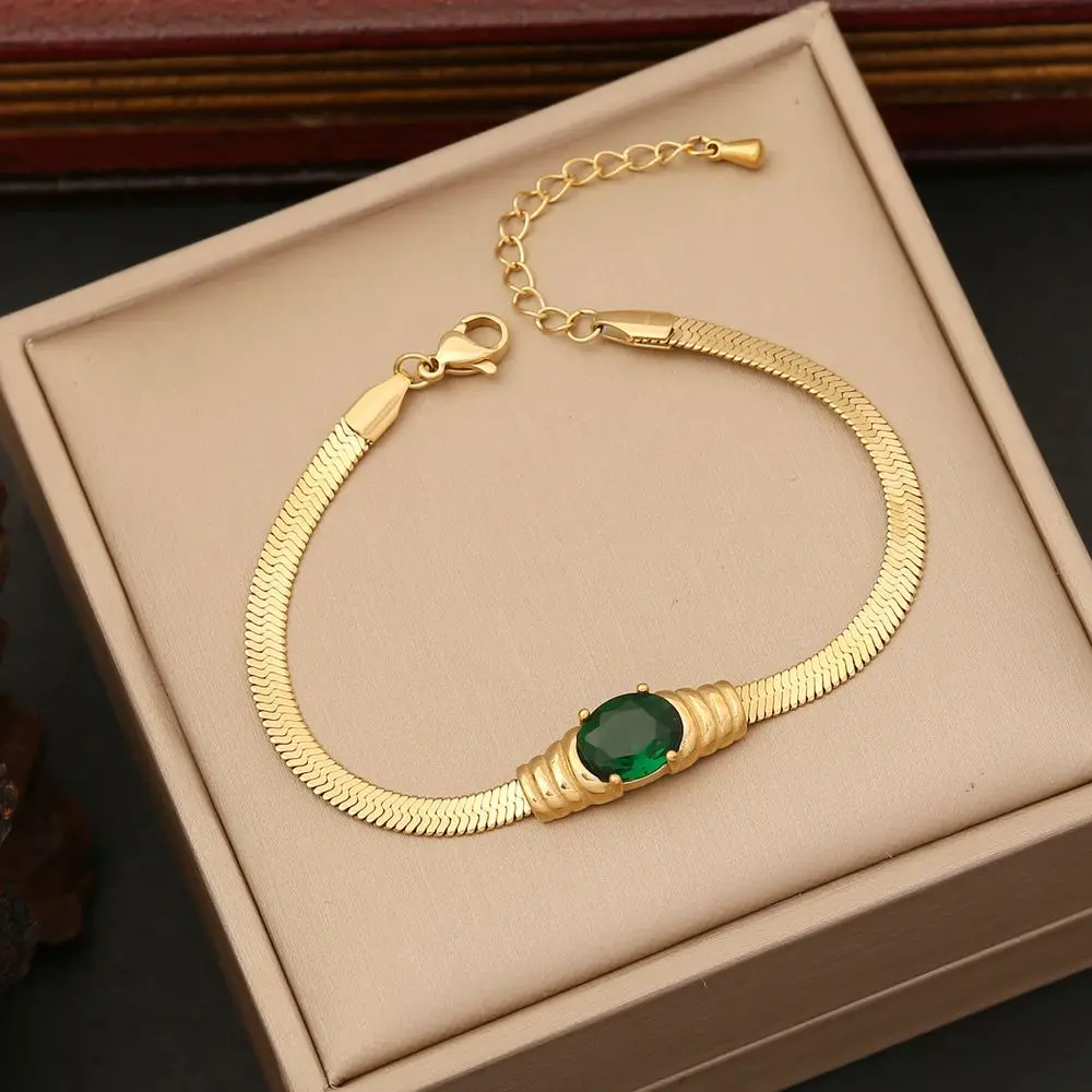 2023 Women High Quality Jewelry Set 18k Gold Plated Fashion Geometric Manmade Emeralds Stainless
