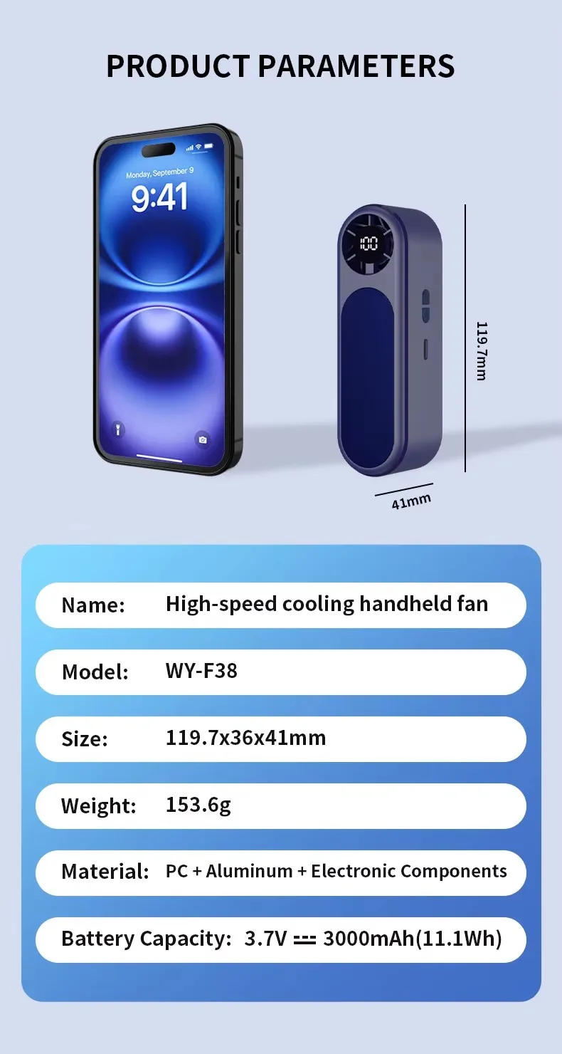Rechargeable Handheld Fan, USB, Portable, 3-Speed - detail 20