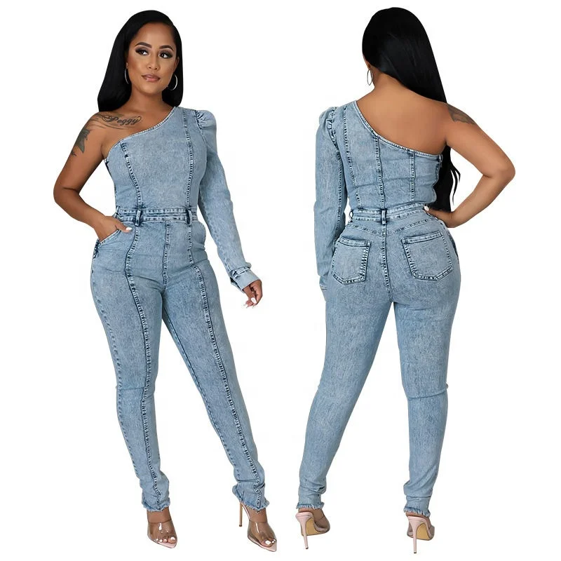 Newest denim bodysuit women one shoulder denim puff sleeve jacket jumpsuit tight fitting ladies jeans trousers jumpsuit XL