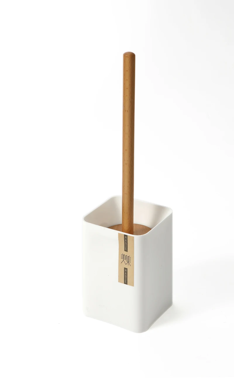 Household plastic round bathroom cleaning toilet brush and holder set kit with wood handle