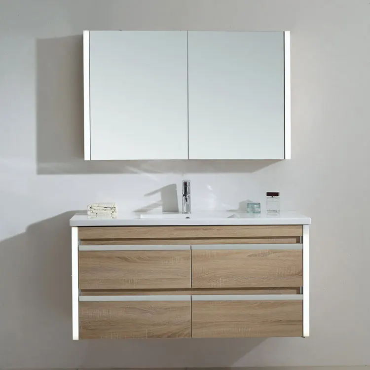 Wall Mounted Modern Hanging Mdf Hotel Bathroom Vanity With Led Lighted Mirror Cabinet