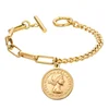 Classic Elizabeth Coin Ahead Charm Cuban Chain Link Toggle Clasp Bracelet