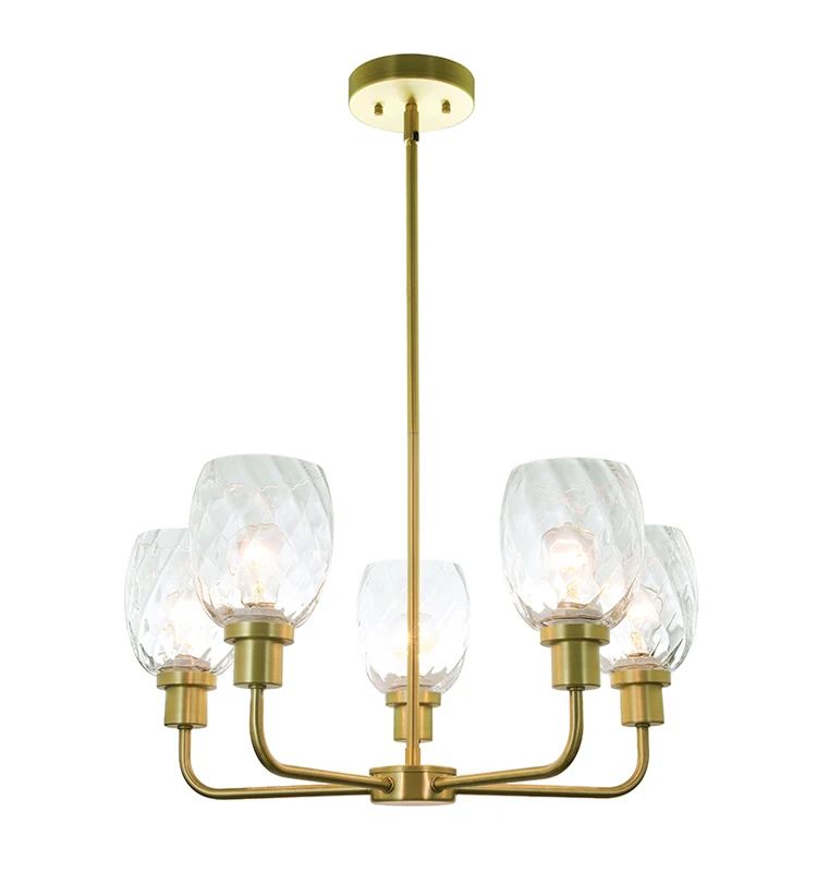Modern 5 Light Chandeliers, Satin Brass Pendant Chandelier Lights Glass Hanging Chandelier Light for Dining Room
