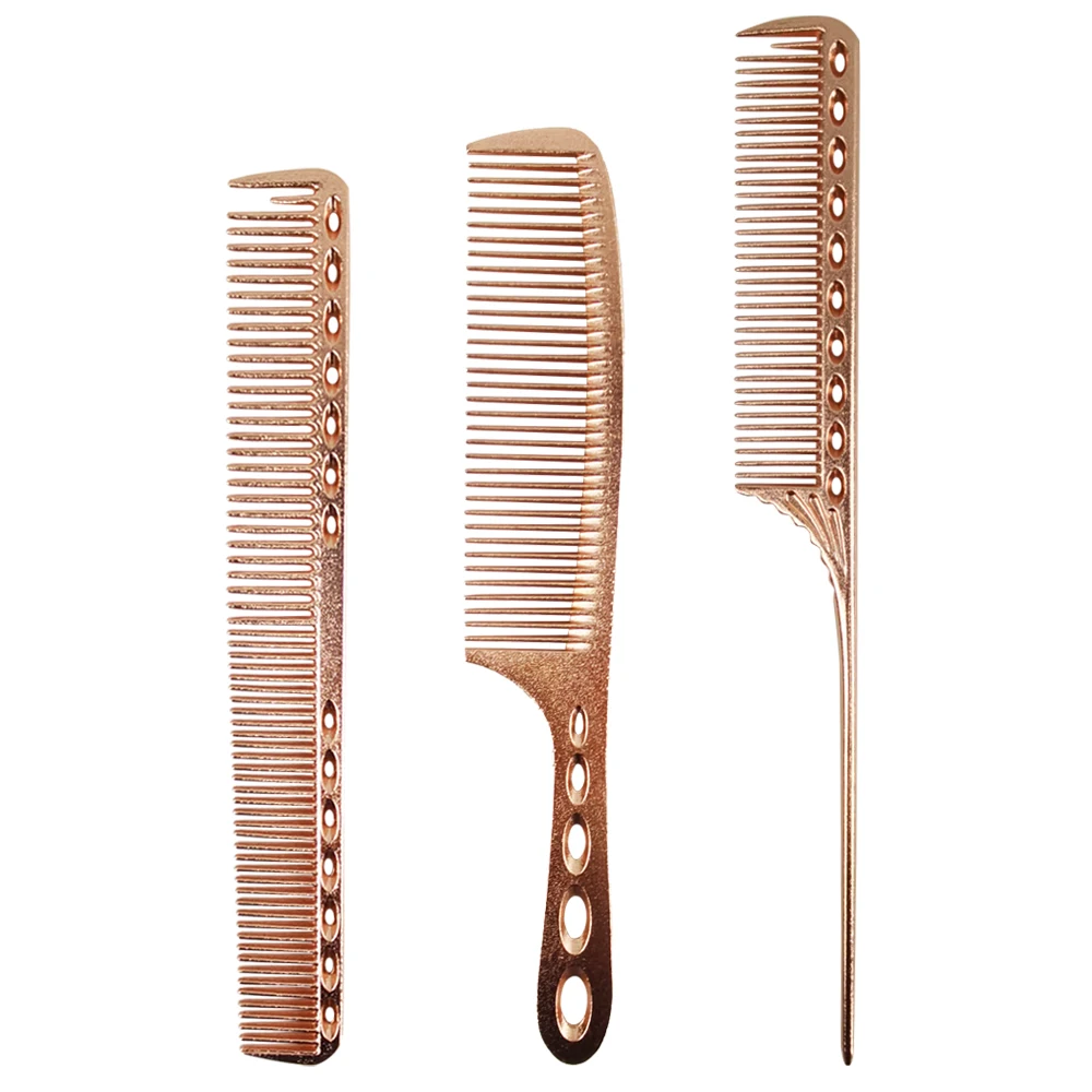 

Custom Mini Rose Gold Luxury Electroplate Plated Aluminum Metal Cutting Honey Wide Tooth Wedding Titanium Hair Comb Set, Customized color