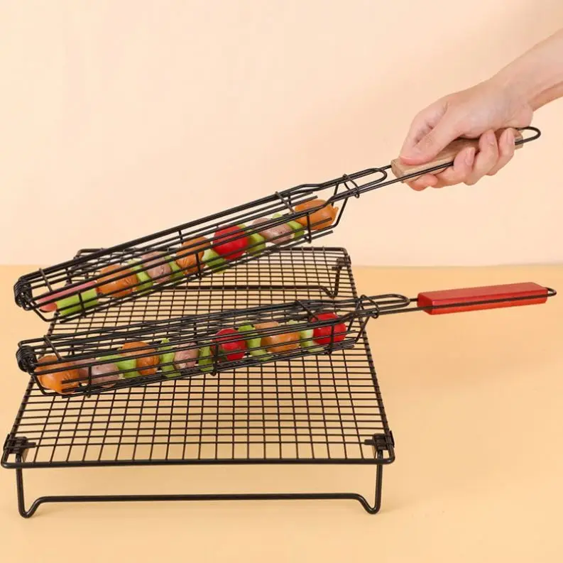 Outdoor Home Grill Stainless Steel BBQ Utensils Wood Handle Heat Resistant Non-Stick Skewers Vegetable Splint Cage Metal Tools manufacture