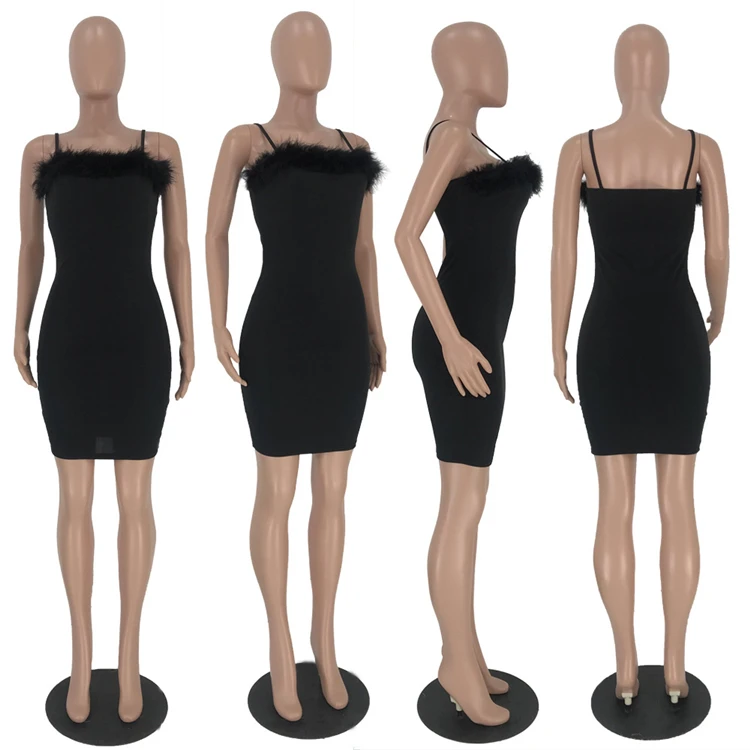 A92242 Women sexy mini dress fitness dress for women feather  off shoulder sleeveless dress for evening party wholesale