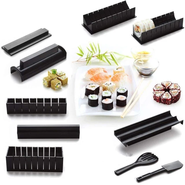 también como regalo cultura japonesa Negro v2.0 11 piezas Nouveau Design Easy Sushi Maker Kit Herramientas Sushi Making Set Cocina DIY para principiantes Caja para hacer uno mismo Incluye recetas 