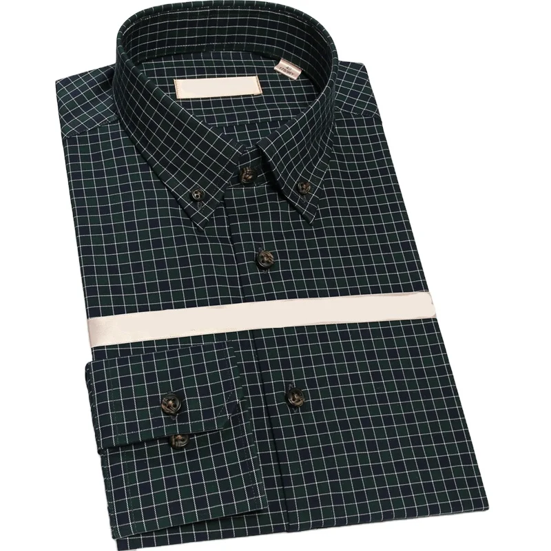 Plaid Shirts Dark Green 100 Cotton Mens Dress Shirts Button Down Long