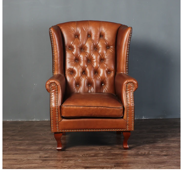 American old style Leisure sofa chair  living room recliner pull button high back simple leather leisure chair