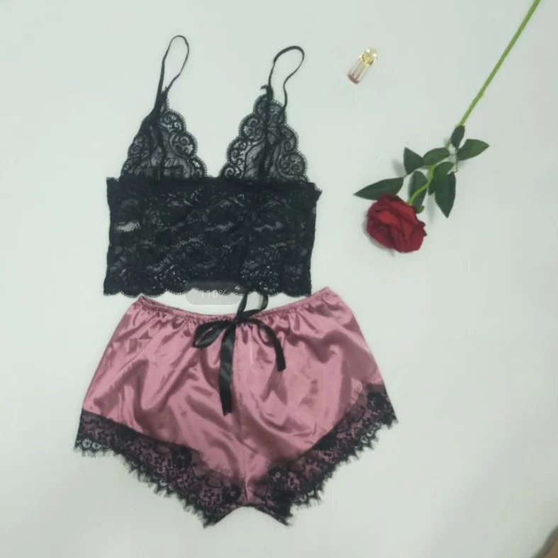Sfy1105 2pcs Women Solid Color Lace Sleepwear Sets Sexy Satin Lingerie ...